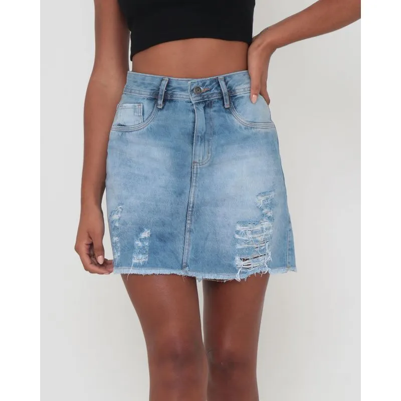 Saia Jeans Curta Destroyed Azul Claro 44
