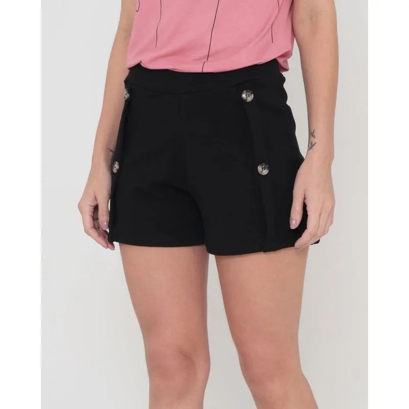 Short Feminino Crepe Com Botões E Pregas Preto P