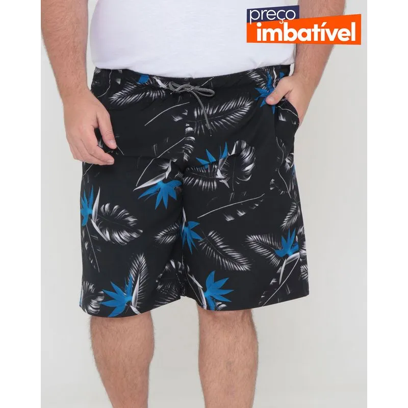 Bermuda Surf Masculina Plus Size Estampa Floral Preta G3
