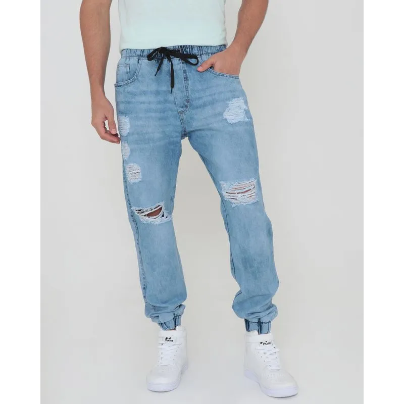 Calça Jeans Masculina Jogger Destroyed Azul Claro 36