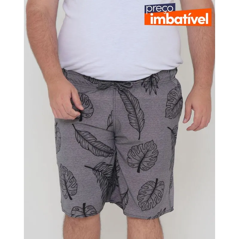 Bermuda Masculina Plus Size Surf Estampa Folhas Cinza G2