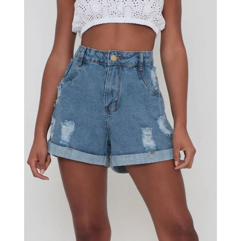 Short Jeans Barra Dobrada Destroyed Azul Claro 36
