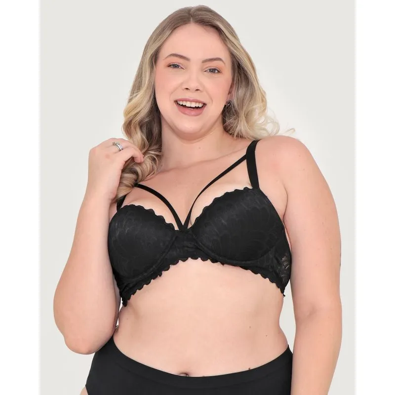 Sutiã Base Plus Size Strappy Renda Preto 50
