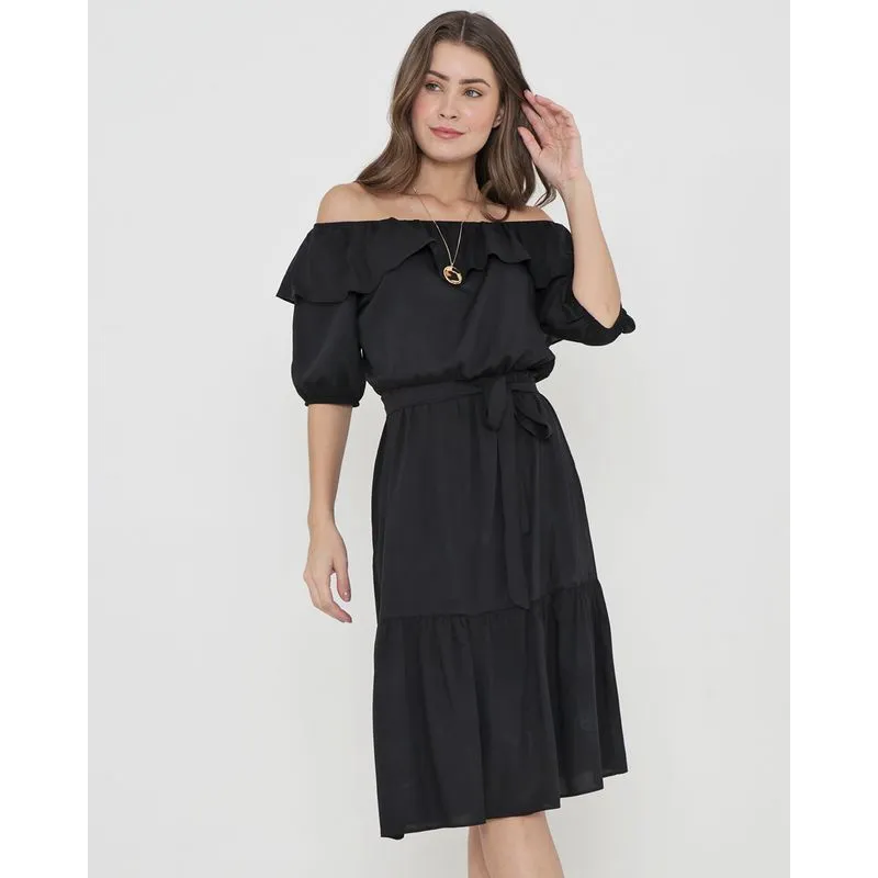 Vestido Midi Babados Preto M