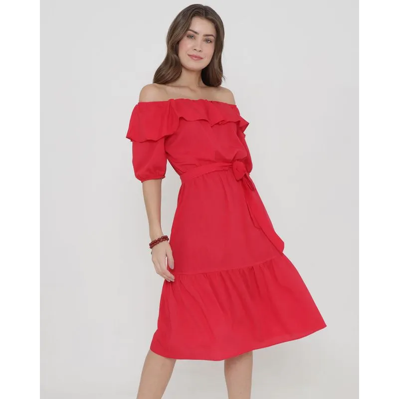 Vestido Midi Babados Vermelho GG