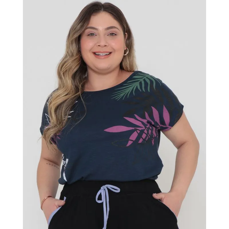 Blusa Plus Size Estampa Floral Flame Azul Marinho G2