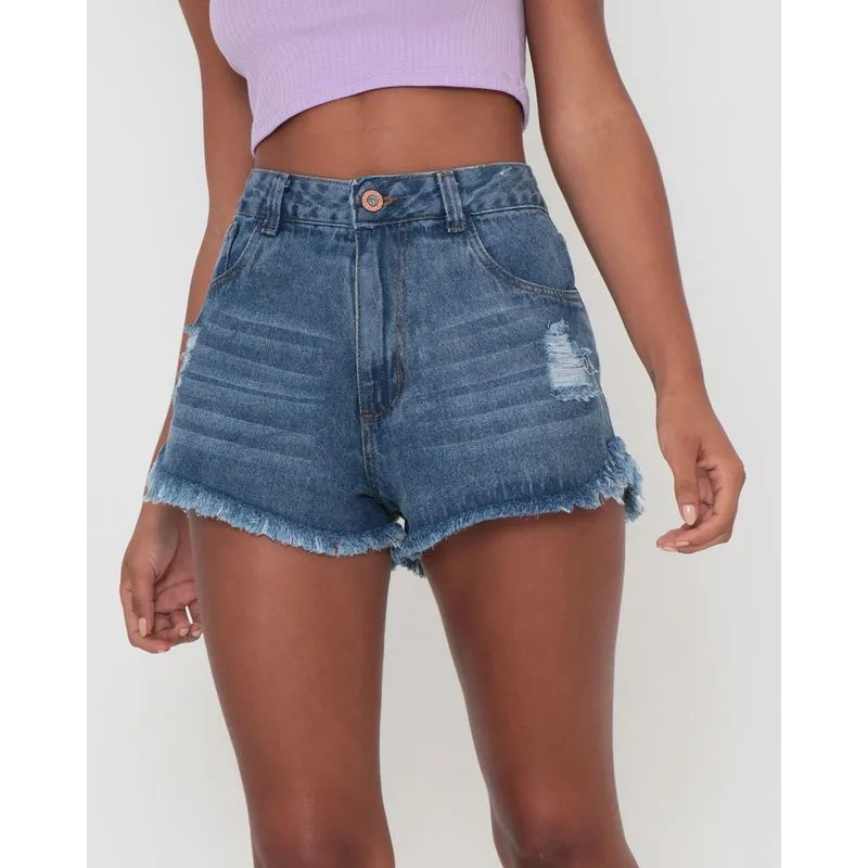 Short Jeans Curto Destroyed Azul 38