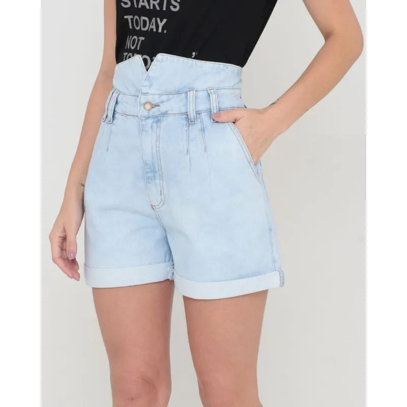 Short Jeans Cós Alto Pregas Delavê Azul Claro 46