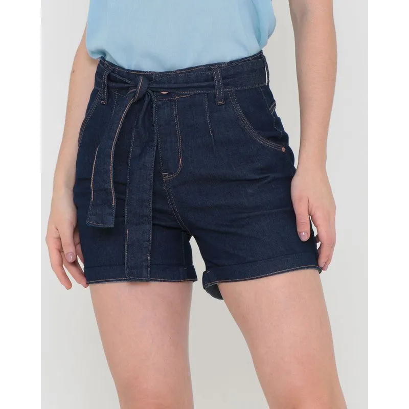 Short Jeans Feminino Com Cinto Azul Escuro 38