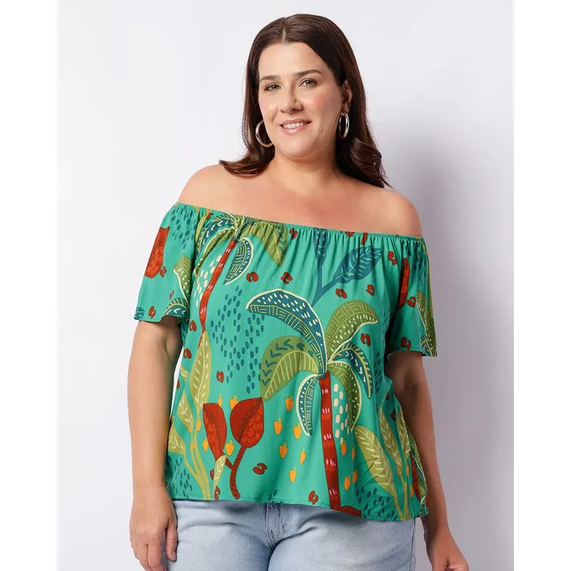 Blusa Ciganinha Plus Size Estampa Floral Verde 19321000089175UN