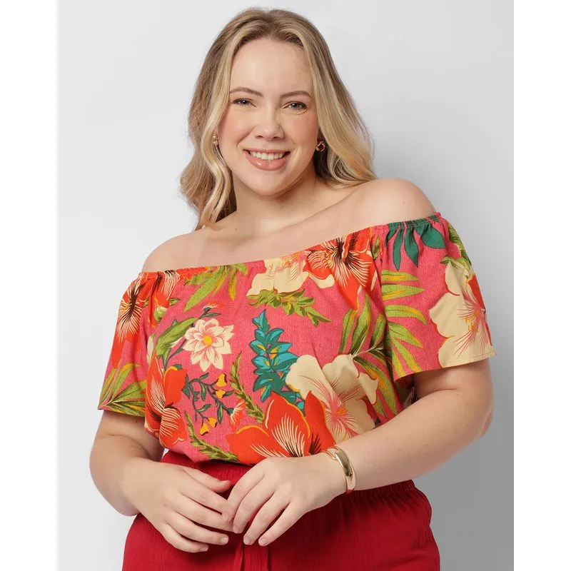 Blusa Plus Size Feminina Ciganinha Viscose Estampada Rosa G2