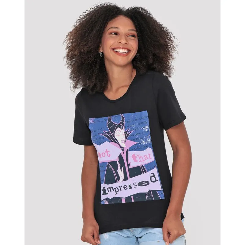 Camiseta Feminina Algodão Disney Malévola Manga Curta Preta GG