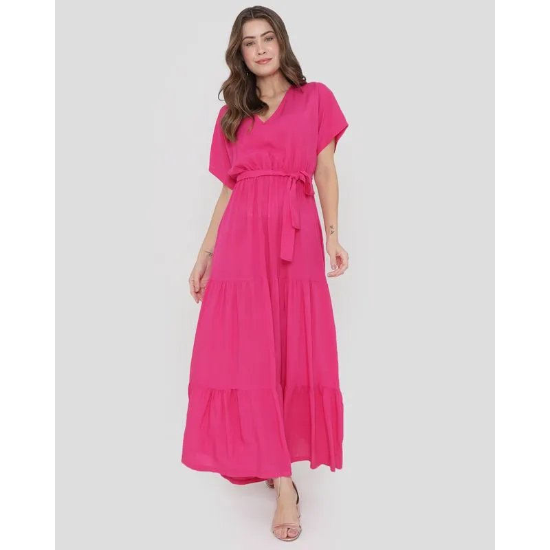 Vestido Longo Com Babados E Amarração Rosa P