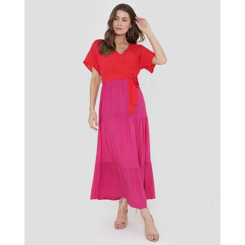 Vestido Bicolor Longo Com Babados E Amarração Vermelho Claro G