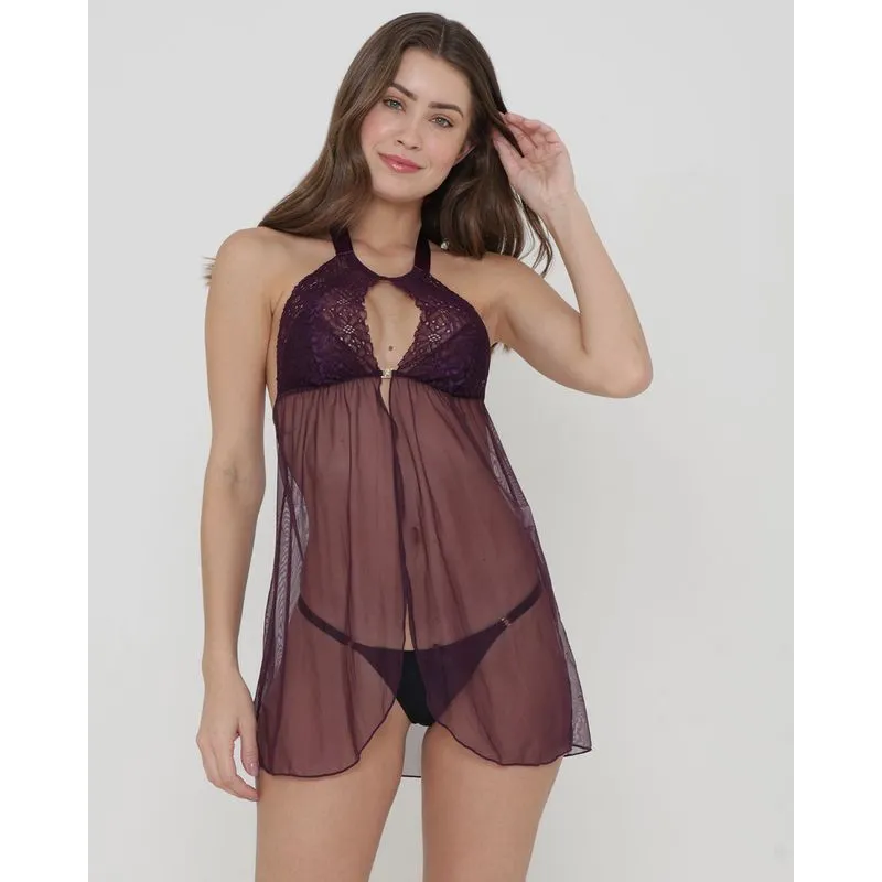 Camisola De Renda E Tule Abertura Frontal Roxa GG