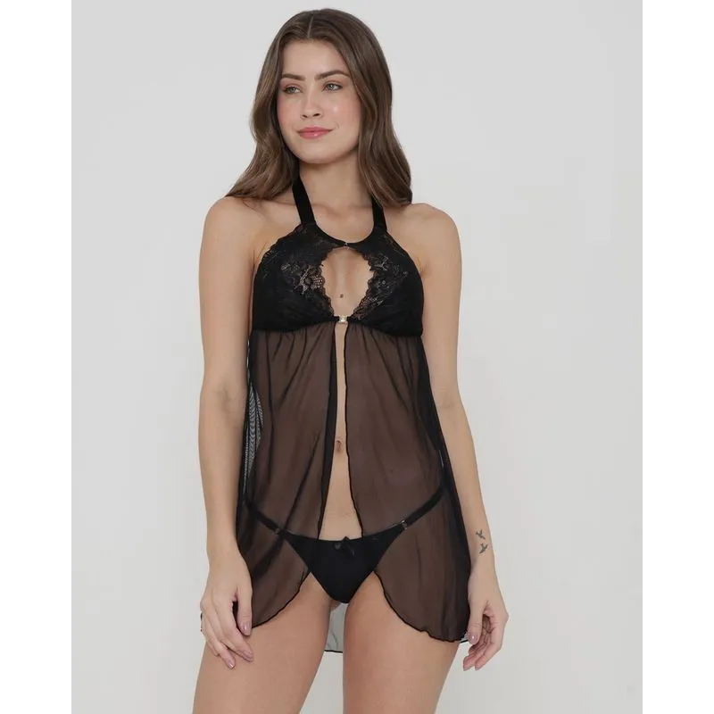 Camisola De Renda E Tule Abertura Frontal Preta GG