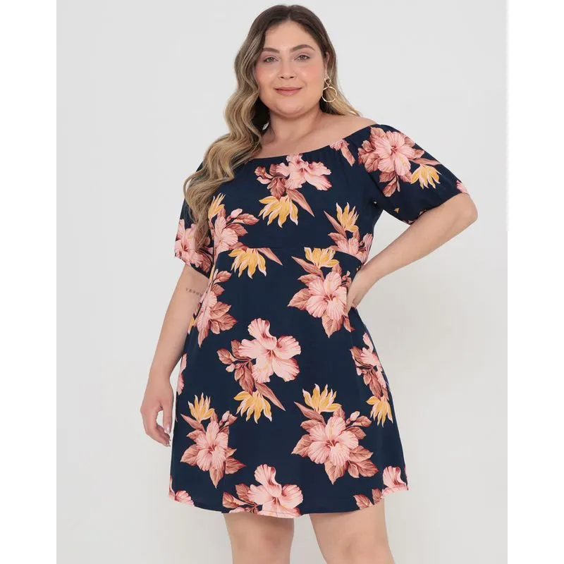 Vestido Plus Size Ciganinha Estampado Floral Azul Marinho G2