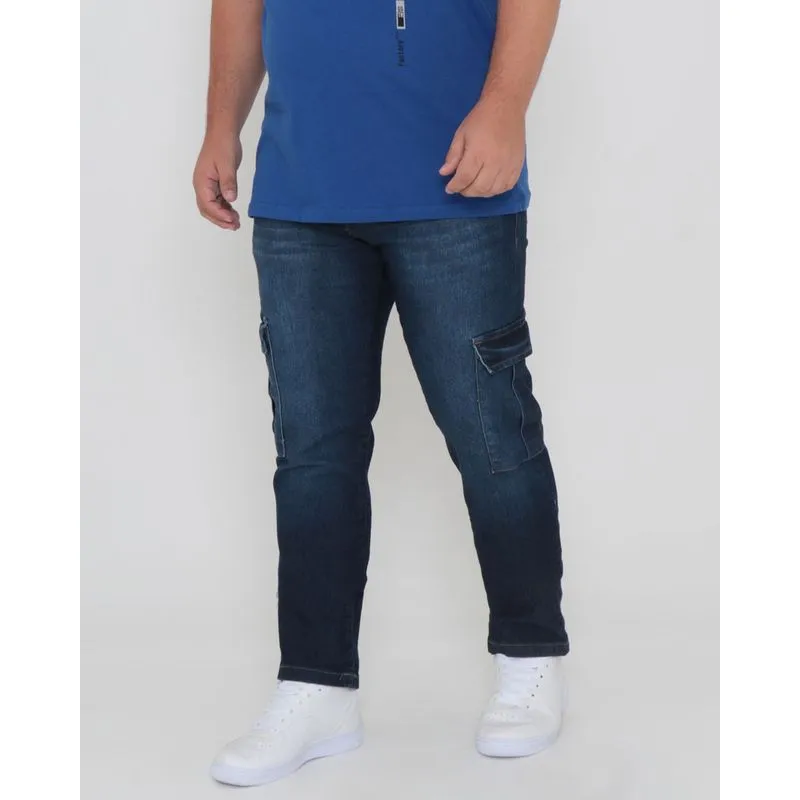 Calça Jeans Plus Size Reta Bolsos Azul 48