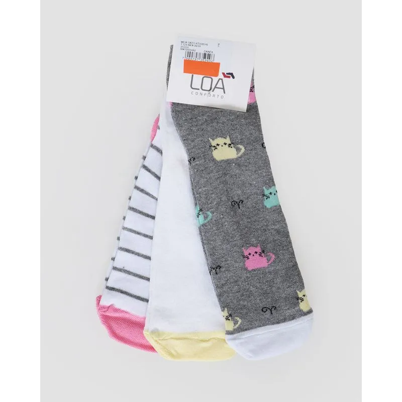 Kit De Meia Infantil 3 Pares Cano Alto Estampada Cinza e Branco 22 A 25