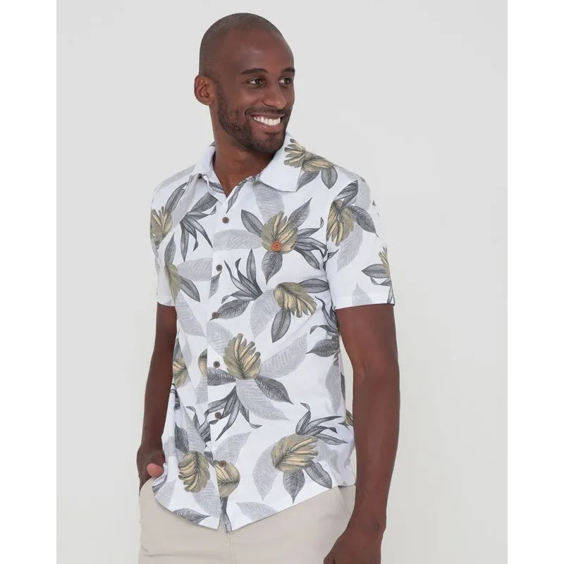 Camisa Masculina Manga Curta Estampada Floral Branca M
