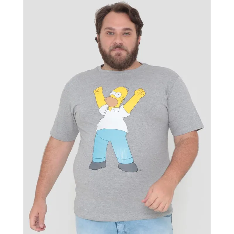 Camiseta Plus Size Estampa Homer Simpson Cinza Claro G2