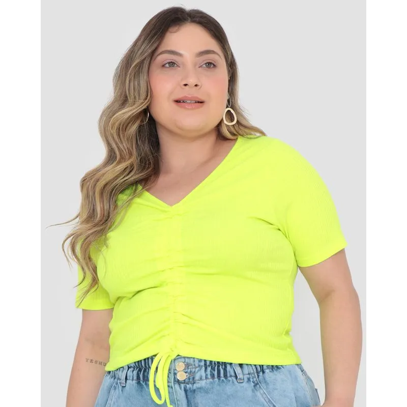 Blusa Plus Size Canelada Coulisse Neon Verde G3