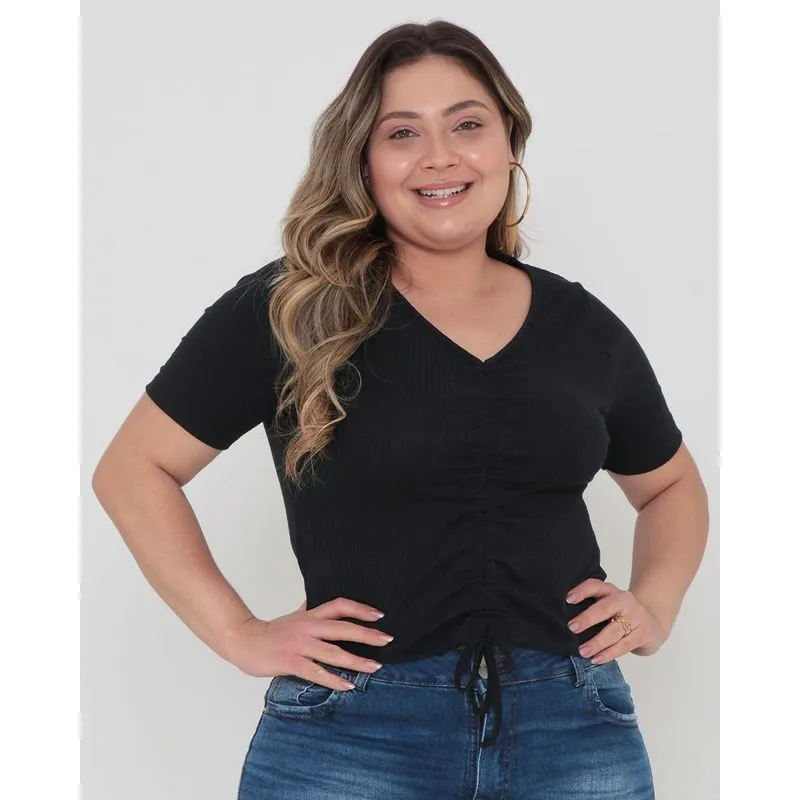Blusa Plus Size Canelada Coulisse Preta G3