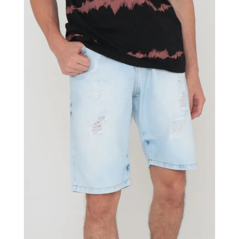 Bermuda Jeans Masculina Destroyed Denim Azul Claro 40