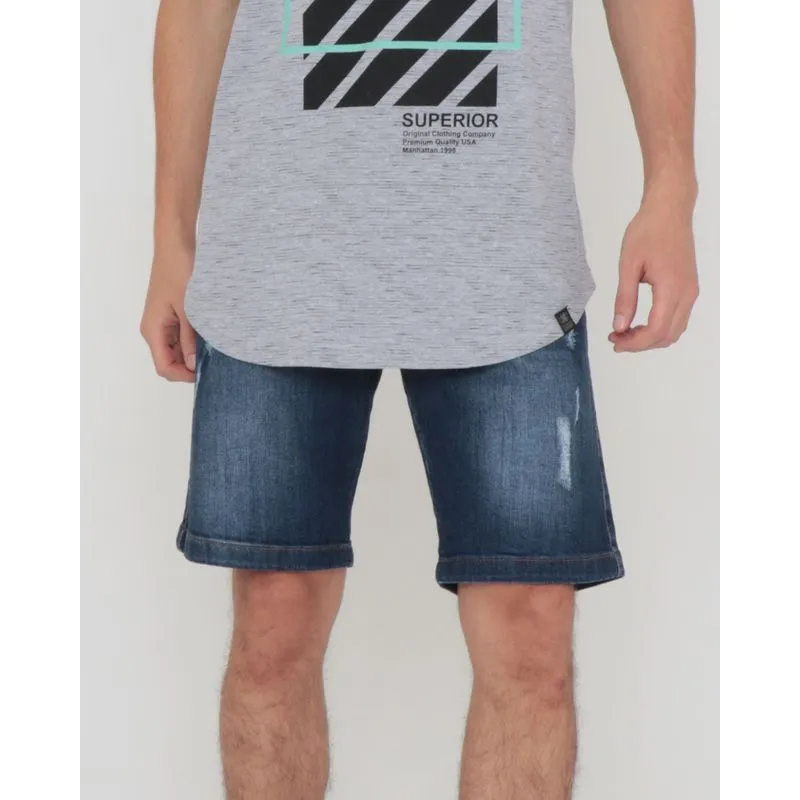 Bermuda Jeans Masculina Com Puídos Azul 40