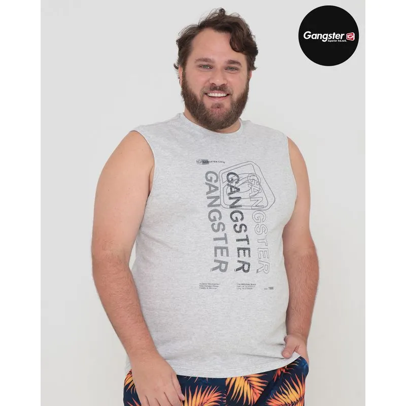 Regata Masculina Plus Size Estampada Gangster Cinza Claro G2