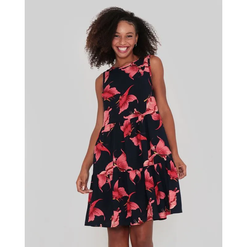 Vestido Evasê Viscose Estampado Floral Azul Marinho P