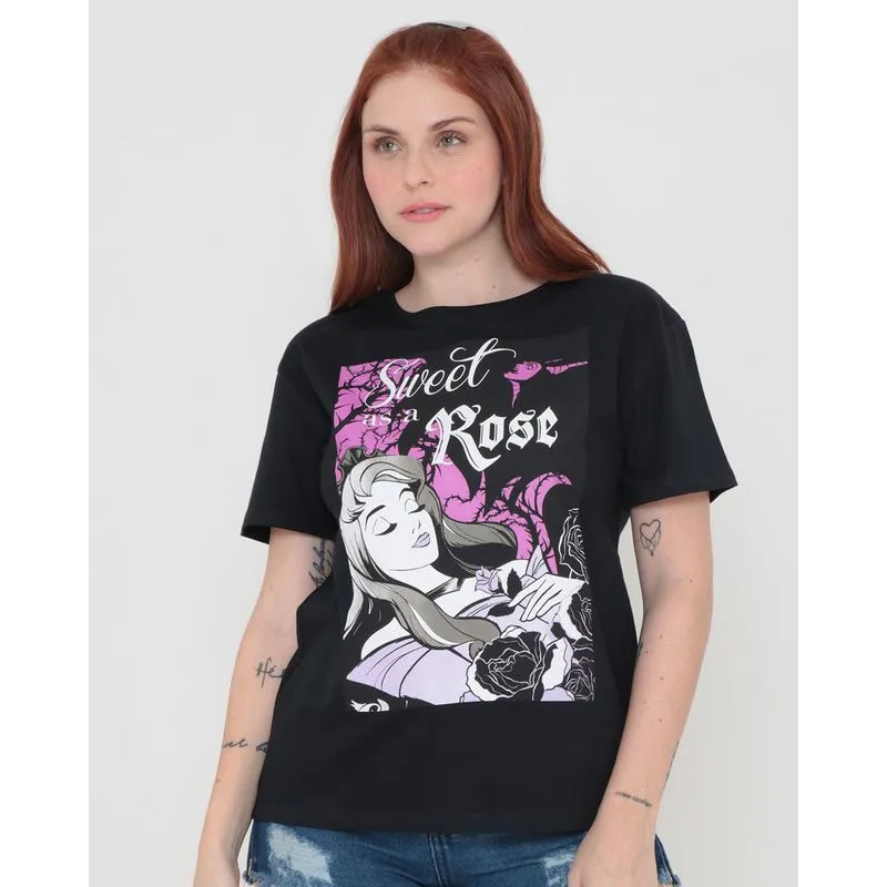 Camiseta Feminina Disney Bela Adormecida Manga Curta Preta GG