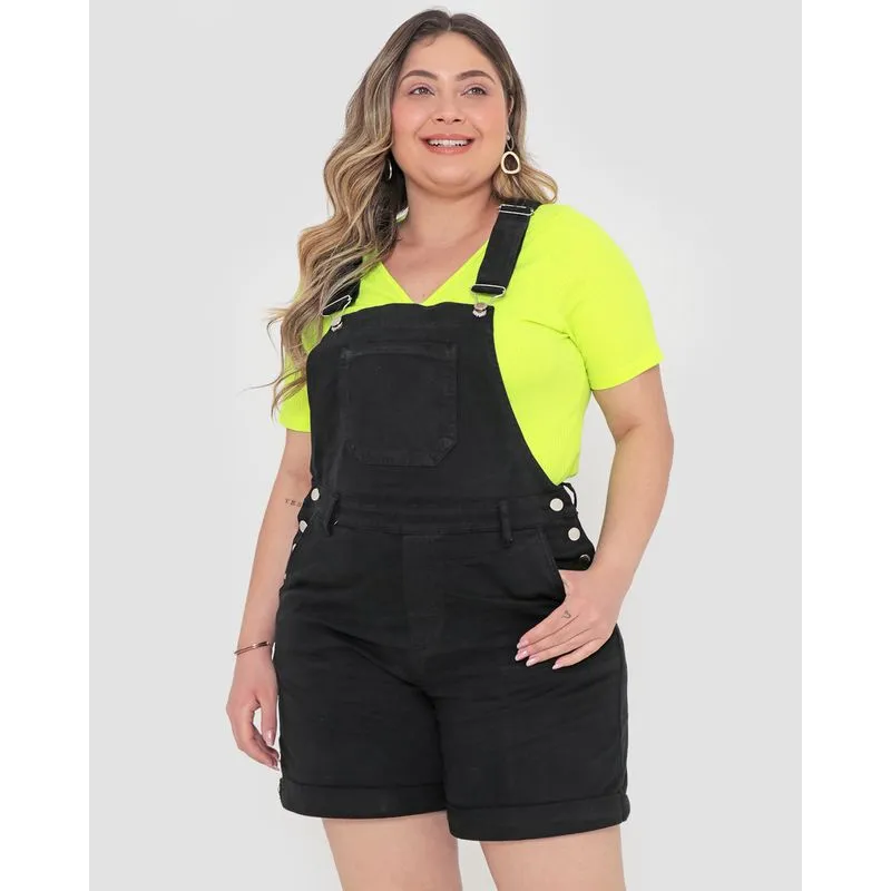 Jardineira Sarja Feminina Plus Size Básica Preta 46