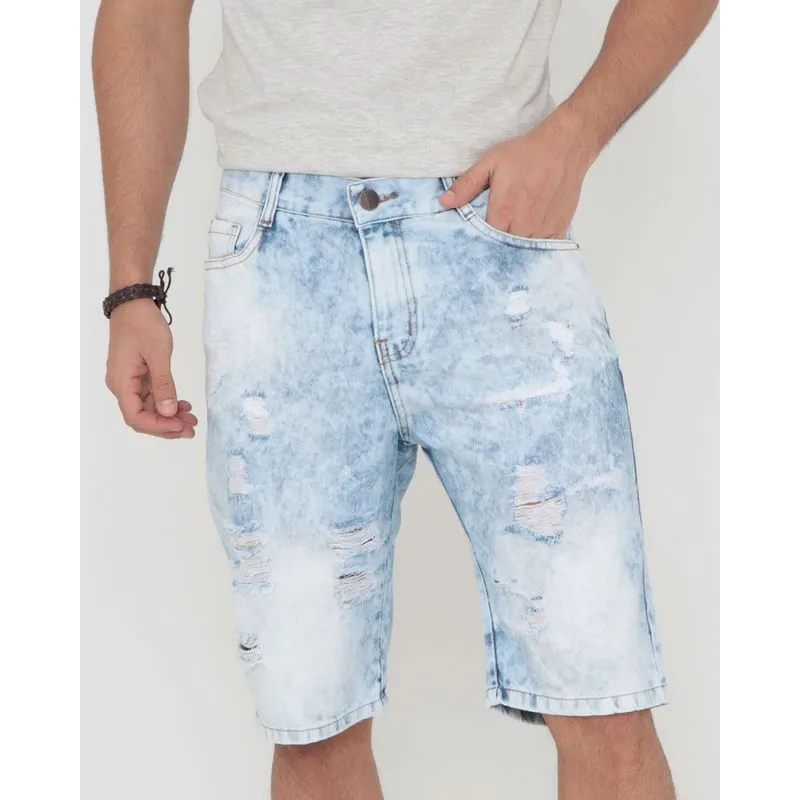 Bermuda Jeans Masculina Destroyed Marmorizada Azul 38