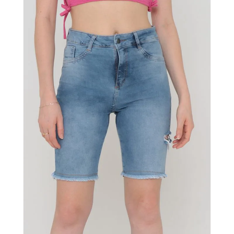 Bermuda Jeans Feminino Barra Desfiada Azul Claro 44