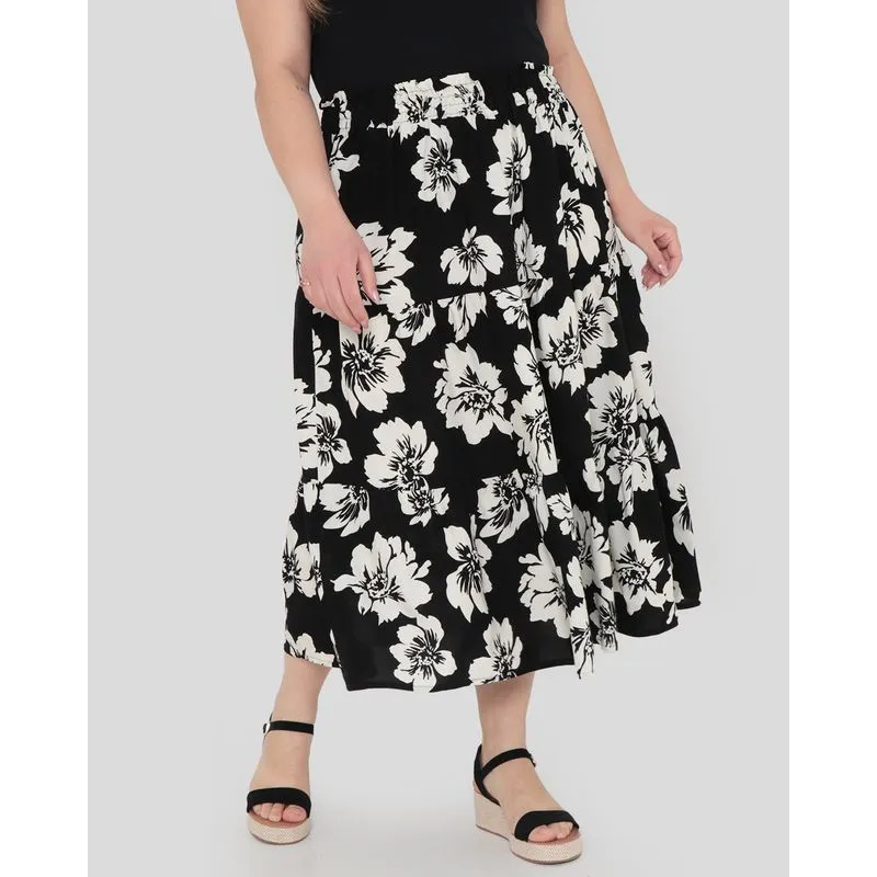 Saia Plus Size Recortes Estampada Floral Preta G3