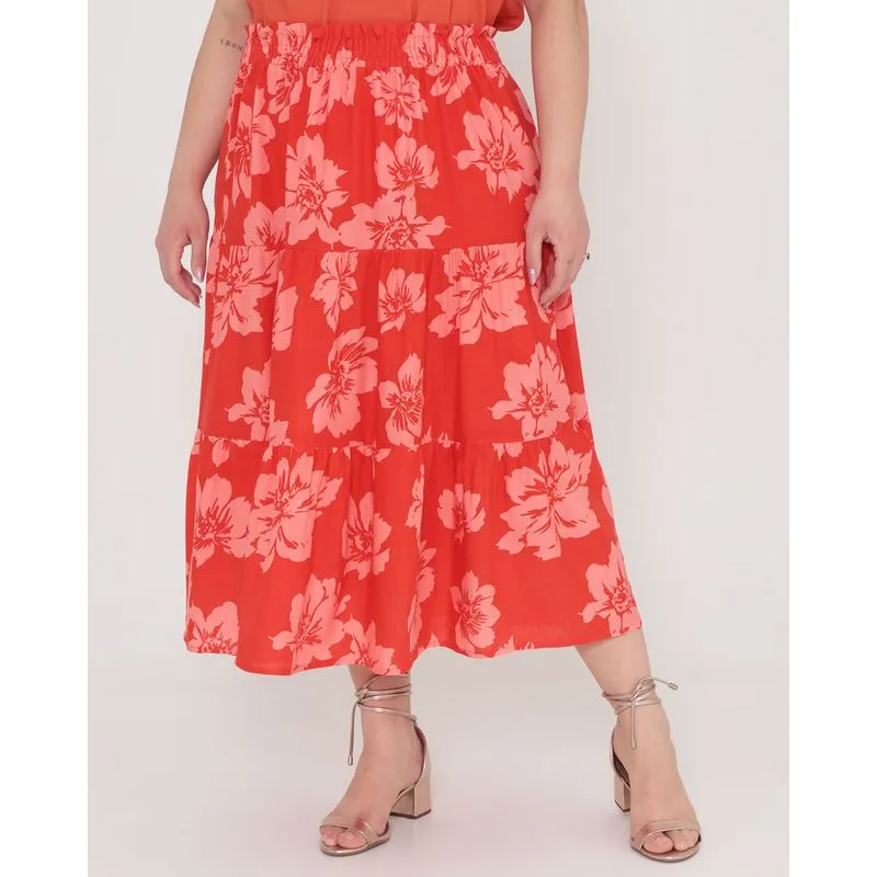 Saia Plus Size Recortes Estampada Floral Vermelha G3