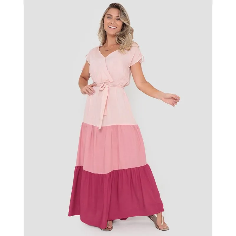 Vestido Longo Coulisse Com Babados Rosa Claro M