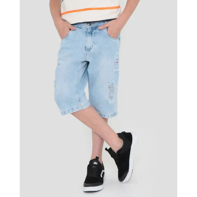 Bermuda Juvenil Jeans Destroyed Azul Claro 10