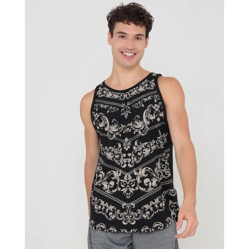 Regata Masculina Estampa Floral Preta GG