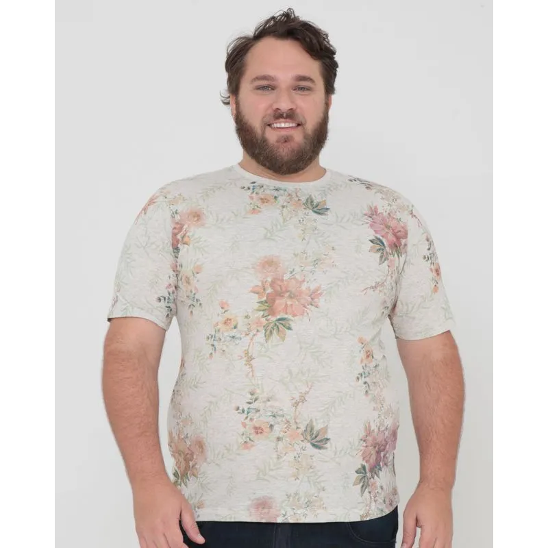 Camiseta Plus Size Estampa Floral Bege Claro G3
