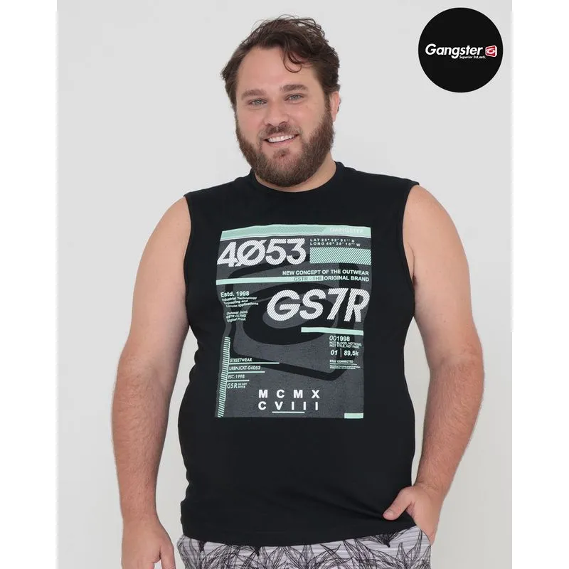 Regata Masculina Plus Size Estampa Gangster Preta G3