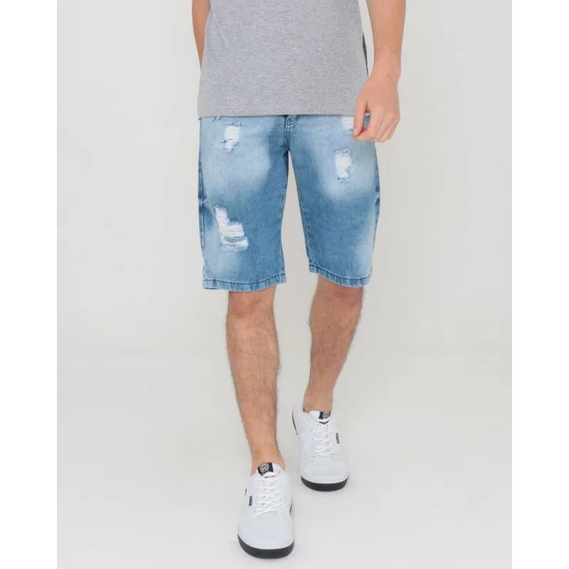 Bermuda Jeans Masculina Destroyed Denim Azul 40