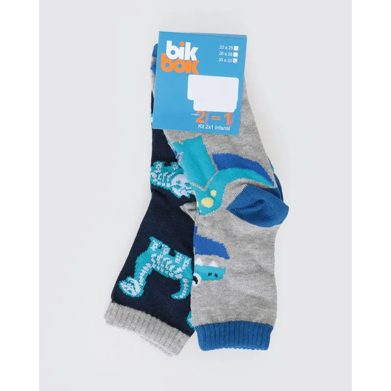 Kit Meia Infantil 2 Peças Dinossauro Cinza Azul Marinho 30 A 33