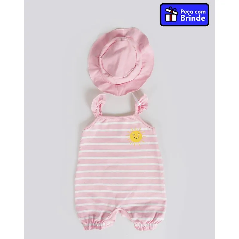 Macacão Bebê Com Chapéu Listrado Rosa Claro M