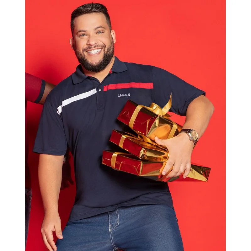Polo Masculina Plus Size Recorte Azul Marinho G2