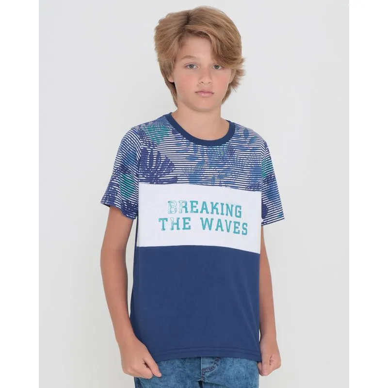 Camiseta Juvenil Recorte Estampa Tropical Marinho 12