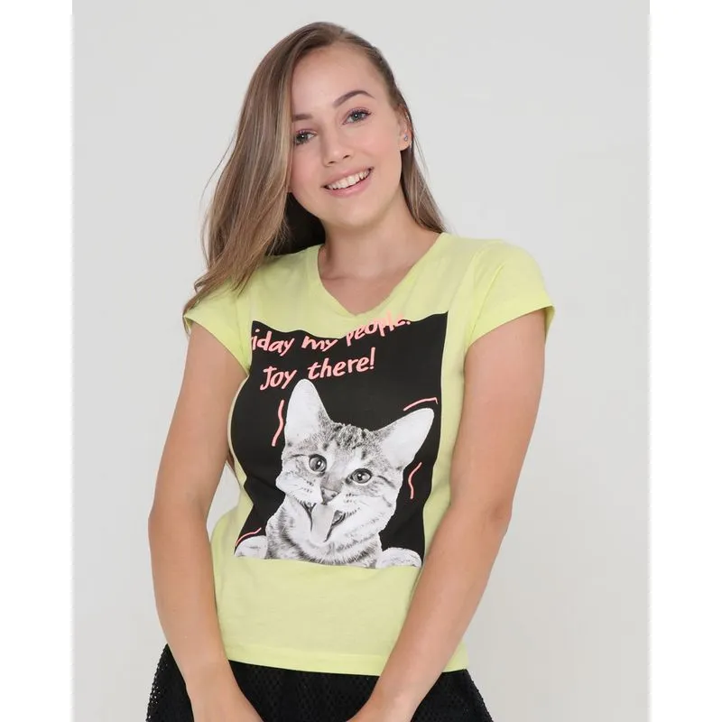 Blusa Juvenil Manga Curta Estampa Gato Verde Claro 12