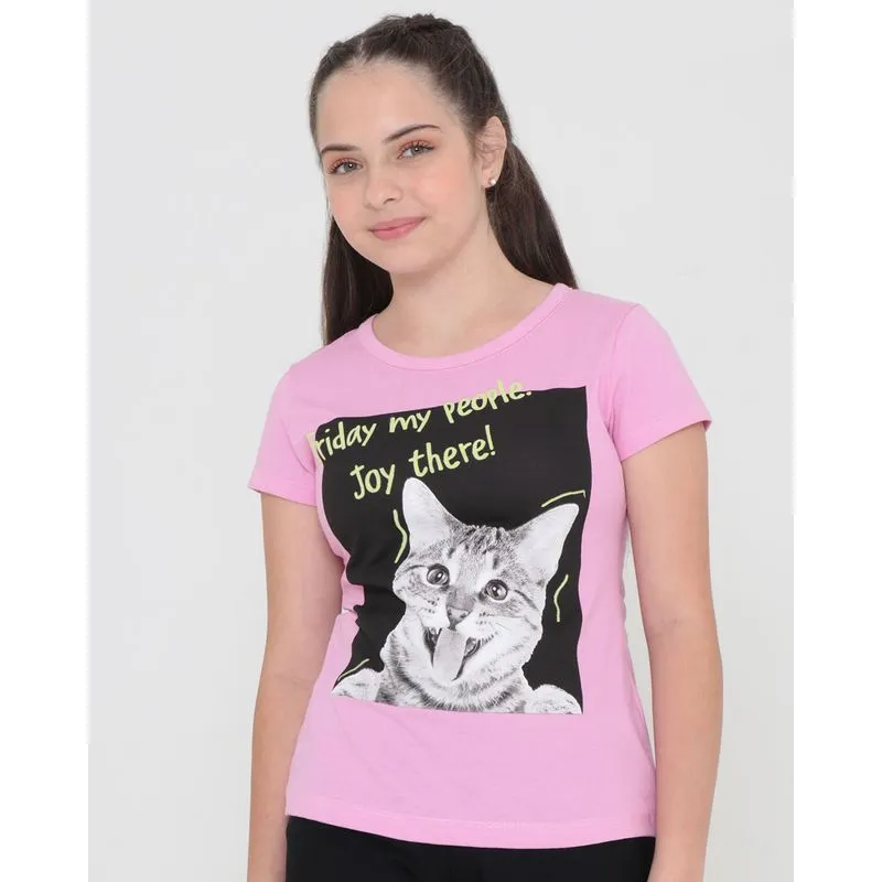 Blusa Juvenil Manga Curta Estampa Gato Rosa 12