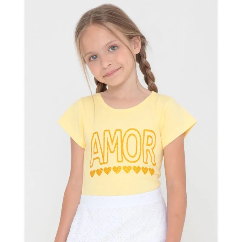 Blusa Infantil Estampa Glitter Amor Amarela 10